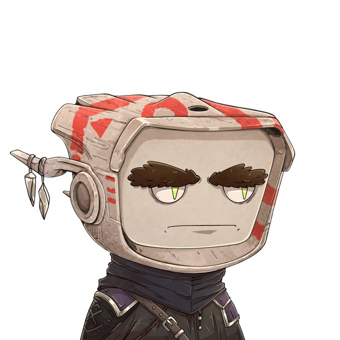A cartoon illustration of a robot with a TV-like head, red markings, thick brown eyebrows, and an earring with hanging feathers, wearing dark armor.