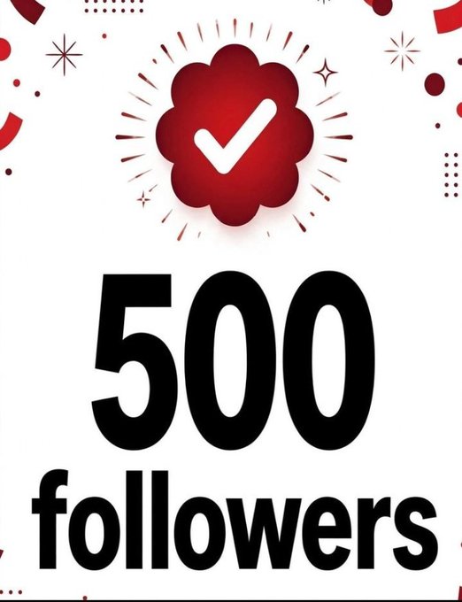 A graphic design with a red scalloped badge containing a white checkmark, surrounded by stars and dots, above the text '500 followers'.