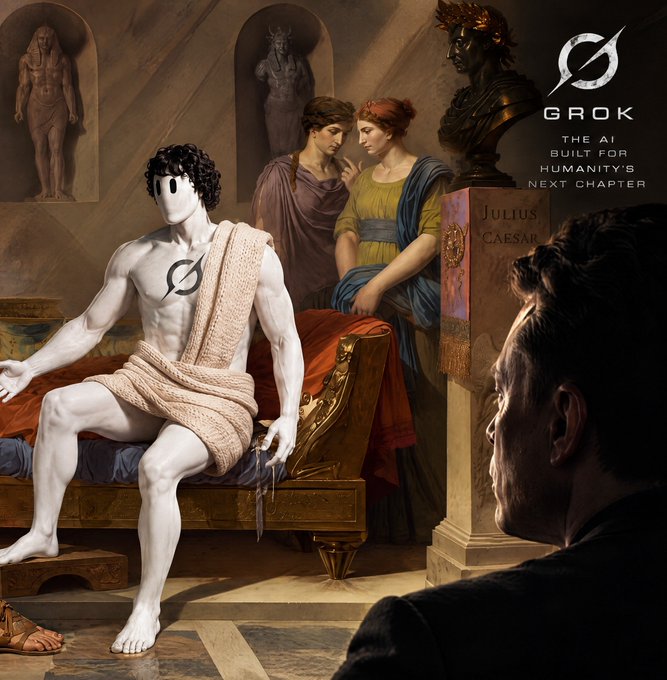 A Grok AI promotional image titled 'THE AI BUILT FOR HUMANITY'S NEXT CHAPTER' depicting a white statue-like figure in classical Roman setting with a man observing.