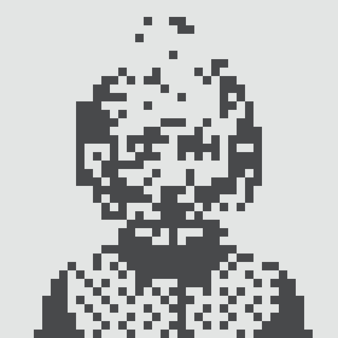 A pixel art rendering of a hooded figure, appearing in dark grey against a white background with floating pixel-like particles.