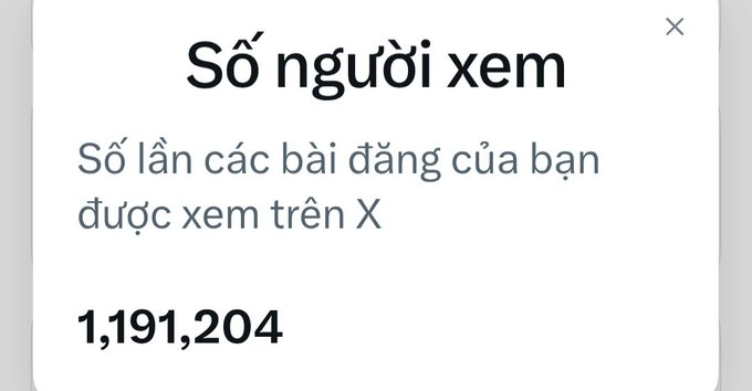A Vietnamese-language X (Twitter) analytics popup displaying 'Số người xem' (Number of views) showing 1,191,204 views of the user's posts on X.