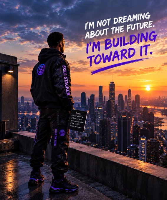 A man in black 'SKILL STACKER' branded apparel standing on a rooftop overlooking a city skyline at sunset, with text reading 'I'M NOT DREAMING ABOUT THE FUTURE. I'M BUILDING TOWARD IT.'
