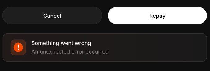 A dark error dialog box displaying 'Something went wrong - An unexpected error occurred' with 'Cancel' and 'Repay' buttons.