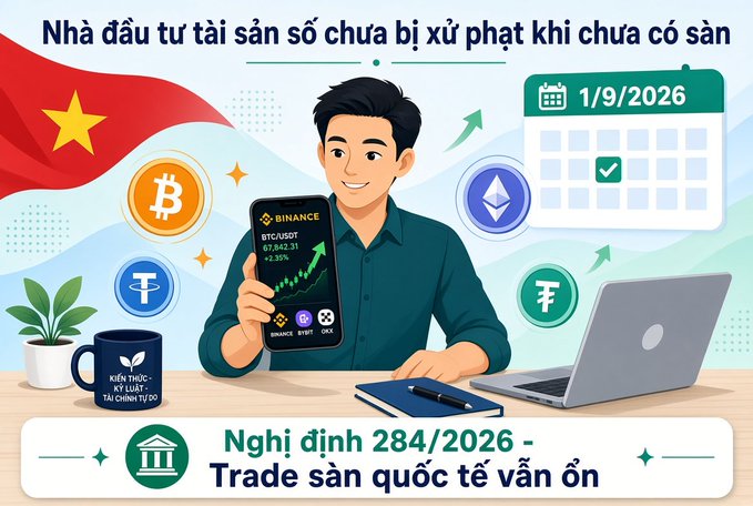 Vietnamese promotional graphic about crypto regulations featuring a man at a desk with a Binance phone display, crypto logos (Bitcoin, Tether, Ethereum), a calendar showing 1/9/2026, and text referencing Decree 284/2026 and international exchange trading.
