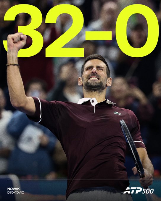 Tennis player Novak Djokovic celebrating with the score '32-0' displayed in yellow text and 'NOVAK DJOKOVIC' and 'ATP 500' labels visible.