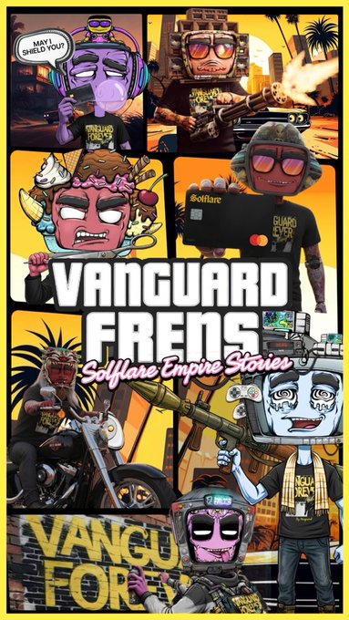 Promotional collage titled 'VANGUARD FRENS: Solflare Empire Stories' featuring cartoon-style NFT characters wearing branded apparel with phrases like 'Solana Sunrise' and 'Guard of Evermore' against a yellow background.