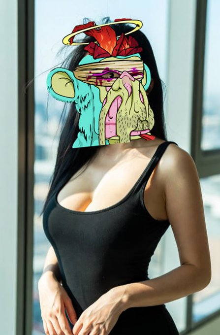 A woman in a black tank top stands by a window with her face obscured by a vibrant, cartoonish illustration featuring a dollar sign, flowers, and surreal doodles—mirroring the post's playful warning about crypto newcomers diving into DeFi liquidity pools without understanding impermanent loss.