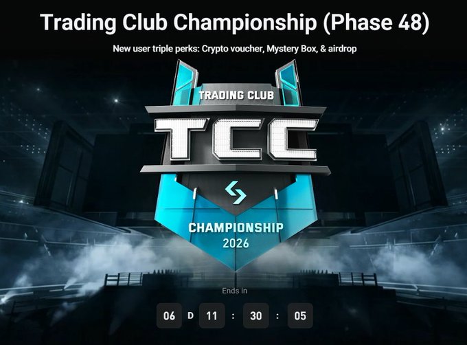 The image features a poster for the Trading Club Championship (TCC) held at the TCC Club in 2016. The poster displays the logo of the club, which includes a blue shield with a white "TCC" emblem inside. The text on the poster announces that there are new user perks and a mystery box available to members who participate in the tournament.