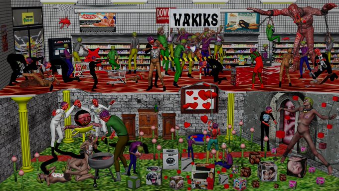 This image is a composition of two distinct scenes within a store, teeming with a variety of figures and objects that range from the ordinary to the fantastical. In the store scene, the word 'WAKIKS' and the phrase 'DOWNW' are prominently displayed on signage within the store, anchoring the abundance of color and activity. 
In the garden scene, objects such as a grill, radios, cassette tapes, and a table are incongruously placed among the animated characters and creatures.