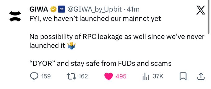 A tweet from GIWA (@GIWA_by_Upbit) reads 'FYI, we haven't launched our mainnet yet. No possibility of RPC leakage as well since we've never launched it' and advises 'DYOR and stay safe from FUDs and scams'.