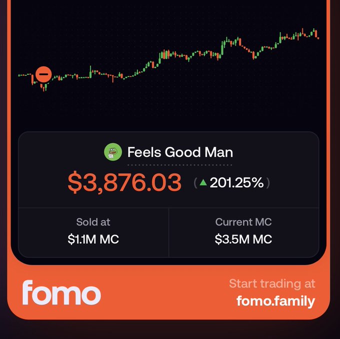 A fomo.family trading screenshot shows the token 'Feels Good Man' (Pepe) sold at $1.1M MC, now at $3,876.03 with a 201.25% gain.