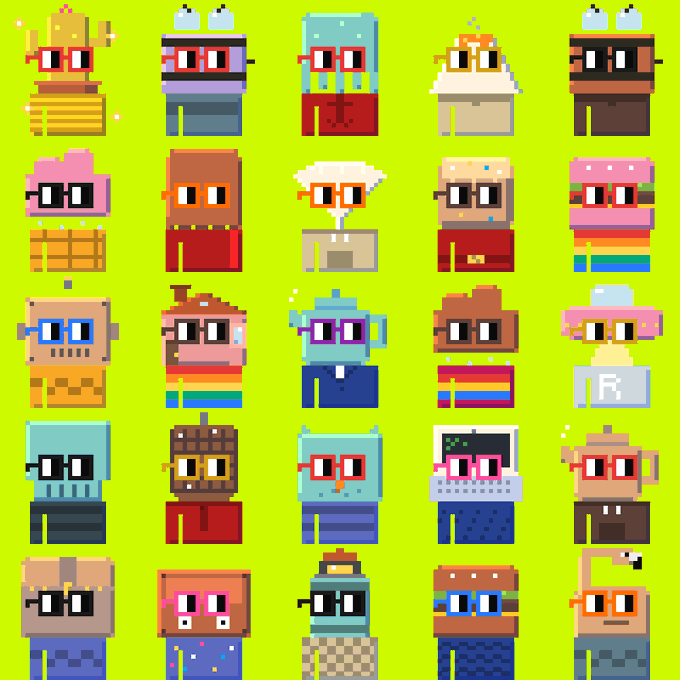 A pixel art collection featuring 25 quirky, colorful block-style characters with various hats and accessories arranged in a 5x5 grid on a bright yellow background, showcased as an alternative to AI-generated NFT art. The image aligns with the creator's message about hand-drawing art instead of using AI, with a small "R" visible on one character's shirt.