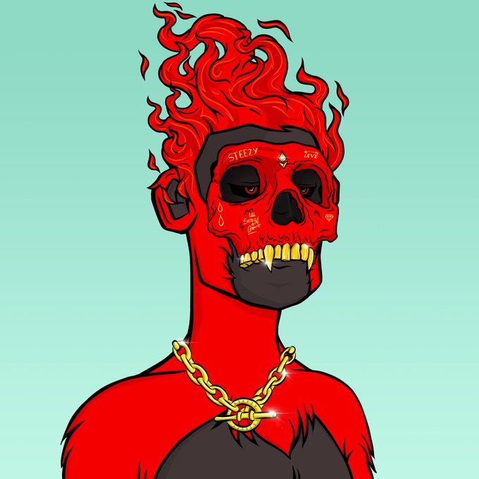 A digital illustration of a red demon-like figure with flaming hair, gold fangs, a gold chain necklace, and face tattoos including 'STEEDY', set against a solid mint green background.
