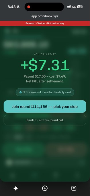 The image shows a screenshot from app.omnibook.xyz displaying a winning prediction round with "+$7.31" profit, noting "Payout $17.00 – cost $9.69" and a "1 in a row" streak, alongside buttons to "Join round #11,156" or "Bank it." This illustrates the post's point about OmniBook's engaging 60-second BTC prediction rounds, showing the user successfully navigating test trades and building confidence with the platform's quick, traditional market-free format.