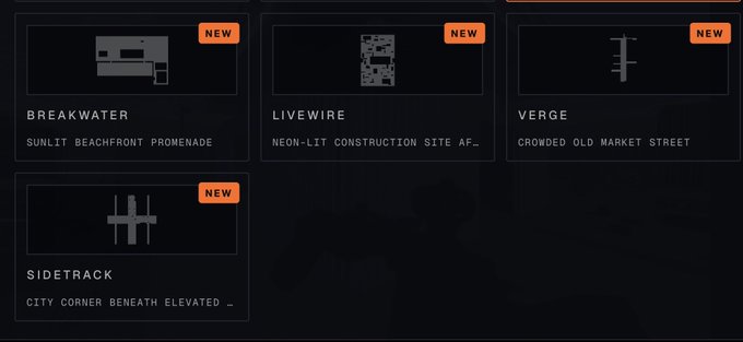 A video game menu displaying four new maps: BREAKWATER (Sunlit Beachfront Promenade), LIVEWIRE (Neon-lit Construction Site), VERGE (Crowded Old Market Street), and SIDETRACK (City Corner Beneath Elevated).