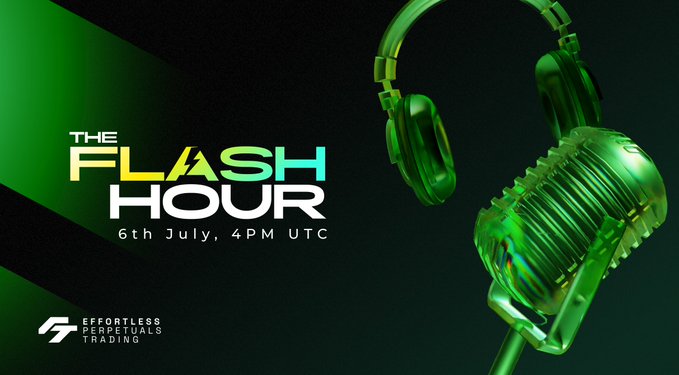 Promotional graphic for 'THE FLASH HOUR' podcast on 6th July, 4PM UTC by Effortless Perpetuals Trading, featuring green headphones and a microphone on a dark background.