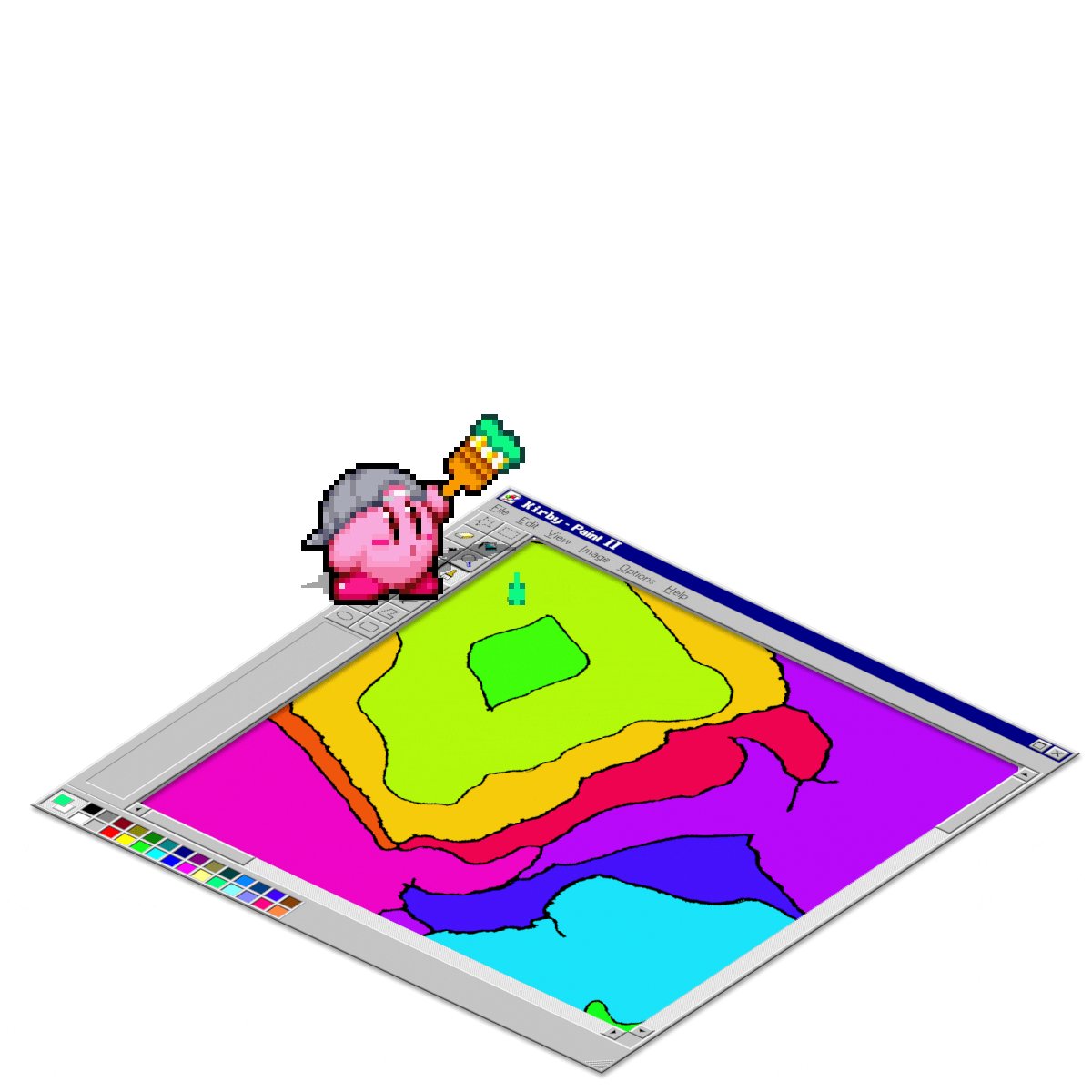 The image features a pink character, likely Kirby from the popular video game series Super Mario Bros., holding a paintbrush and standing over a computer screen that displays a map of a town with various buildings and roads. The text "NOW LIVE 1/1 24h auction" suggests that this is an auction for the character's painting skills, where people can bid on their artwork to win it.