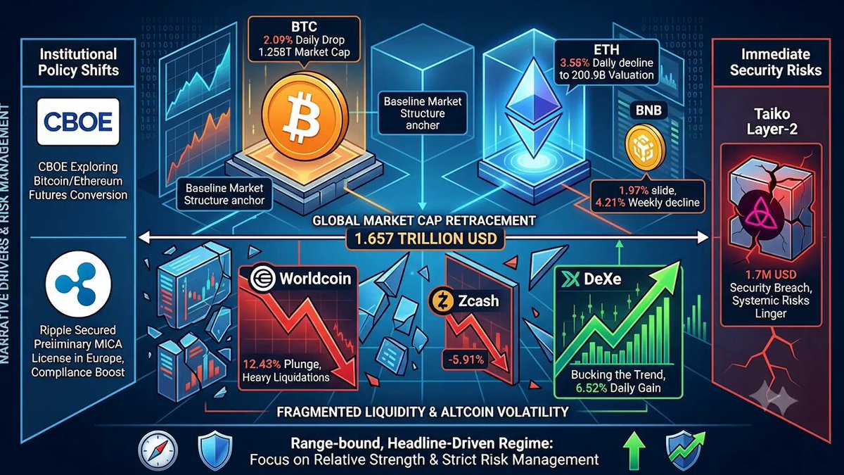 The image presents an infographic that illustrates various aspects of cryptocurrency trading and market trends. It includes a chart showing the fluctuations in Bitcoin's value over time, with a downward trend observed from January to December. The infographic also highlights the global market cap drop to $1.65T, which is attributed to a daily flush of -3.53% and a large-cap decline in BTC, ETH, and BNB. Additionally, there are several other charts and graphs that provide further context about the cryptocurrency trading landscape.