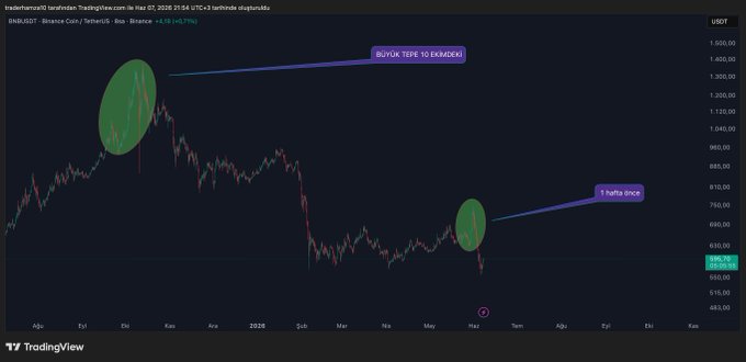 A TradingView daily candlestick chart of BNB/USDT on Binance shows a current price of $596.75, highlighting two historical bullish breakout zones with green ellipses—one circled in late 2024 near $1,000 and another more recent one near $710—contrasting against a broader downtrend, relevant to the post's concern about altcoins like BNB potentially diverging from Bitcoin.