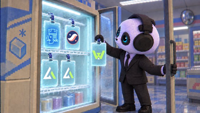 A 3D-rendered character of a panda wearing a suit and headphones holds a bag with a 'W' logo in front of a freezer containing ice bags with various logos.