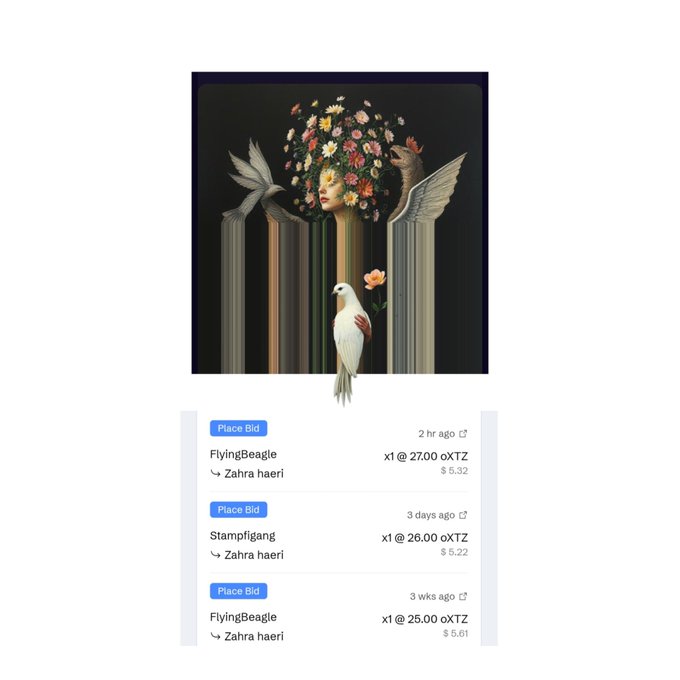 An NFT listing shows artwork titled 'Flying Beagle' by Zahra haeri, depicting a woman with a floral crown and a white bird, with bid history at 27.00, 26.00, and 25.00 oXTZ.