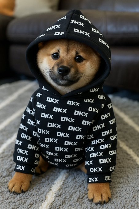 A Shiba Inu puppy wearing a black hoodie patterned with "OKX" logos sits on a rug. The image references OKX through the repeated branding, aligning with the post's request for the exchange to list $DOG on its spot market.