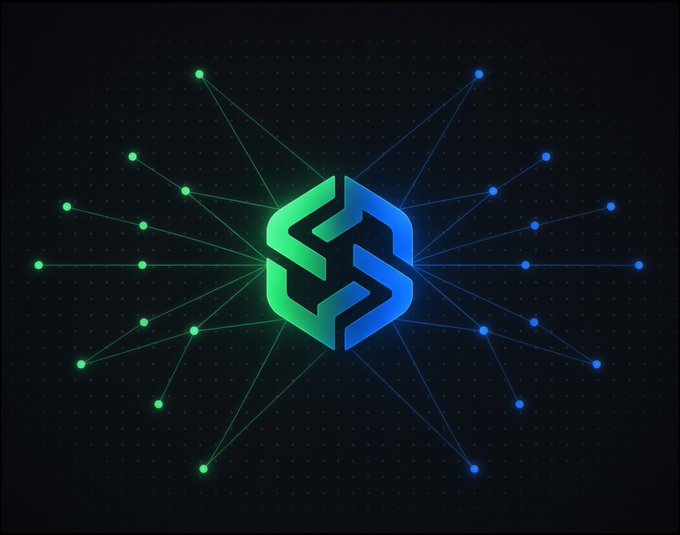 A digital illustration featuring a stylized green and blue geometric cube logo at the center, with glowing nodes radiating outward like a network on a dark background.