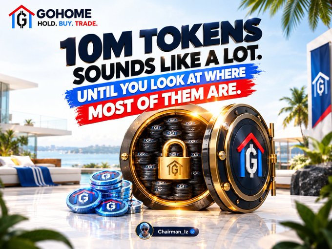 Promotional graphic for GOHOME token advertising '10M TOKENS SOUNDS LIKE A LOT. UNTIL YOU LOOK AT WHERE MOST OF THEM ARE,' featuring a vault full of tokens and a beachside villa, credited to Chairman_Jz.