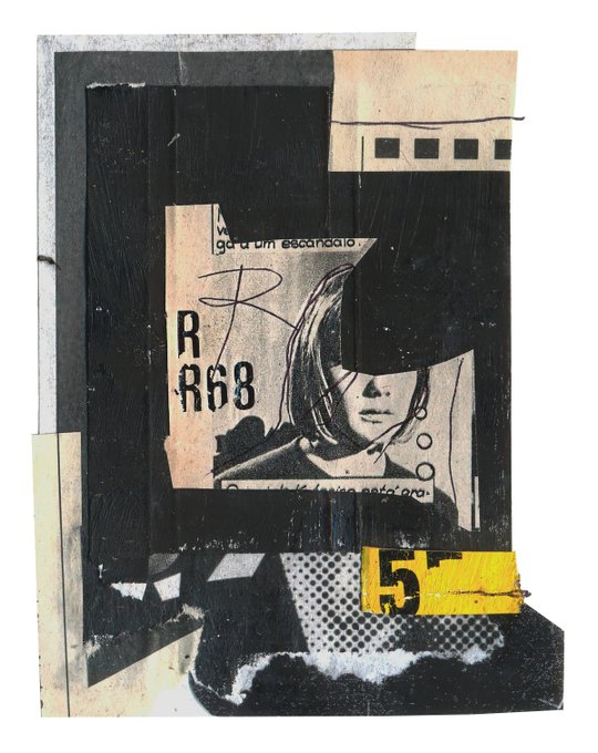 A mixed-media collage artwork featuring torn black and beige paper, halftone printing patterns, a partial image of a woman's face, the number 'R868', and a yellow '5' taped at the bottom.