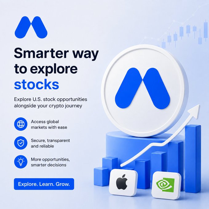 The image is a promotional graphic for MEXC featuring a blue "M" logo and the tagline "Smarter way to explore stocks," with text highlighting access to U.S. stock opportunities alongside crypto, secure and reliable trading, and smarter decision-making. Visual elements include a rising arrow over blue bar charts with Apple (AAPL) and NVIDIA (NVDA) logos, plus a call-to-action reading "Explore. Learn. Grow." The graphic reinforces the post's message by visually bridging crypto and stocks through MEXC's familiar branding, illustrating how the platform simplifies access to U.S. equities like Apple and Nvidia for crypto-native users.