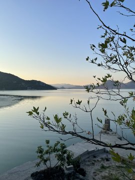 A tranquil lake reflecting a clear sky at twilight, viewed through silhouetted tree branches with a small dock visible.