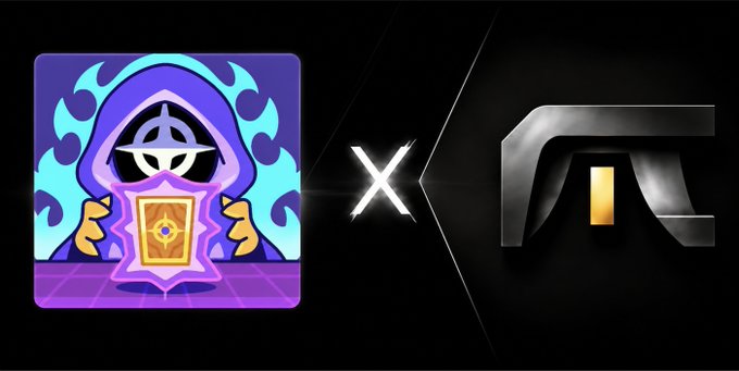 A promotional graphic shows a mystical hooded character icon on the left and a metallic 'Pi' (π) symbol on the right, separated by a stylized 'x', set against a black background.