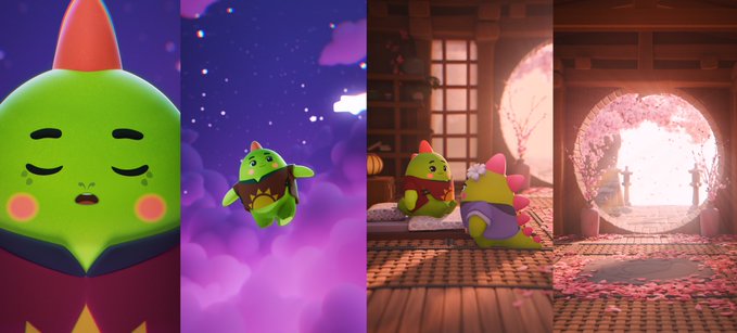The image features a collage of four different photos depicting various scenes related to a video game called "@Sleepagotchi". The first photo shows a green monster with a red hat, while the second photo depicts a green monster sitting on a bed. The third photo captures another green monster in a room, and the fourth photo shows a green monster standing next to a pink door. These images are part of a larger collection that highlights different aspects of the game's world and characters.