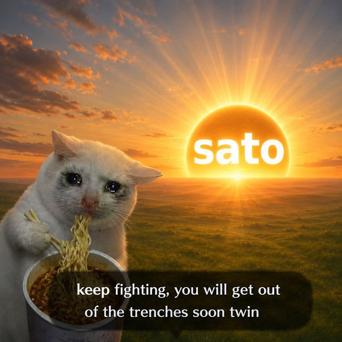A crying white cat slurps noodles against a dramatic sunset featuring a glowing "sato" logo, with the caption "keep fighting, you will get out of the trenches soon twin" offering encouragement to the post's author, who laments Ethereum's falling price and questions whether fellow holders remain committed.