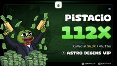 The image displays a promotional graphic for "Pistacio" token, highlighting a "112X" gain with a call made on June 6th at 1:11pm, credited to "ASTRO DEGENS VIP." The accompanying post promotes a giveaway, asking followers to engage and share their Solana wallet addresses, likely to capitalize on the successful callout featured in the image.