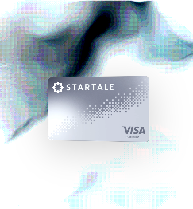 A promotional image features a silver 'STARTALE VISA Platinum' card against a flowing, light blue fabric background.