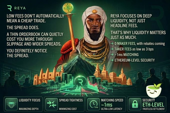 Reya DEX promotional image emphasizing 'Low fees don't automatically mean a cheap trade' due to spreads, highlighting 0 maker fees, taker fees as low as 3 bps, ~1ms matching, and Ethereum-level security.