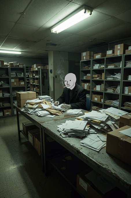 A moody, dimly lit office or archive room where a person wearing a featureless white mask and black suit sits at a cluttered desk piled high with papers, smoking a cigarette.