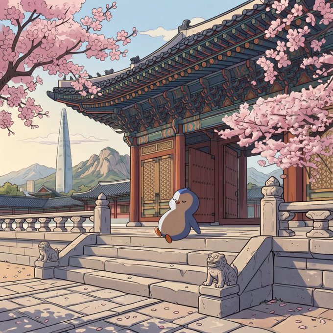 A cute penguin mascot sits peacefully on the steps of a traditional Korean temple, framed by blooming cherry blossoms with a modern skyscraper visible in the background—symbolizing the blend of old and new, traditional faith and modern ambition that mirrors the post's bold claim of a new crypto bull cycle eclipsing the Bitcoin halving era.