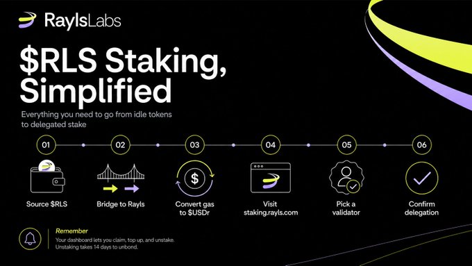 A promotional graphic for RaylsLabs titled '$RLS Staking, Simplified' with a six-step process: Source $RLS, Bridge to Rayls, Convert gas to $USDr, Visit staking.rayls.com, Pick a validator, Confirm delegation.