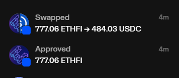 A dark-themed cryptocurrency transaction interface showing 'Swapped 777.06 ETHFI → 484.03 USDC' and 'Approved 777.06 ETHFI', both timestamped '4m'.