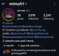 A screenshot of a Thai-language Instagram profile for 'mimofri' showing posts, 26 followers, 2,247 following, and 237K likes.