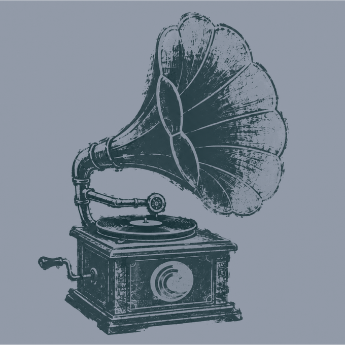 A vintage-style illustration of a gramophone with a large fluted horn, turntable, and wooden base, rendered in dark blue line art on a light blue background. The image pairs with the post about "a simpler way to hear more," symbolically evoking the classic listening device as a metaphor for an upcoming announcement or announcement within the TRON ecosystem.