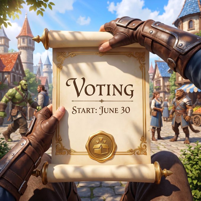 A scroll in a fantasy town square displays "VOTING" and "START: JUNE 30," with a golden seal at the bottom, held by armored hands. The image's medieval theme and focus on the upcoming voting date align with the post's announcement of a voting extension to benefit the community, allowing more time to gather support and earn rubies without spending them.