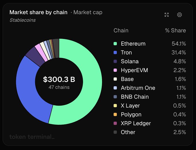 A pie chart from Token Terminal displaying the market share of stablecoins by chain, totaling $300.3B across 47 chains, with Ethereum leading at 54.1%, followed by Tron at 31.4%.