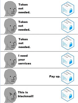 A meme shows a series of six panels with a user (labeled "Token not needed" through "This is blackmail") interacting with Chainlink Data Streams, illustrating how a service initially promoted as free shifted to a paid model at $150/stream/month in $LINK, framing it as a bait-and-switch.