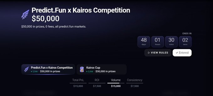 A Predict.Fun x Kairos Competition page advertising $50,000 in prizes with a countdown timer showing 48 days, 1 hour, 30 minutes remaining.