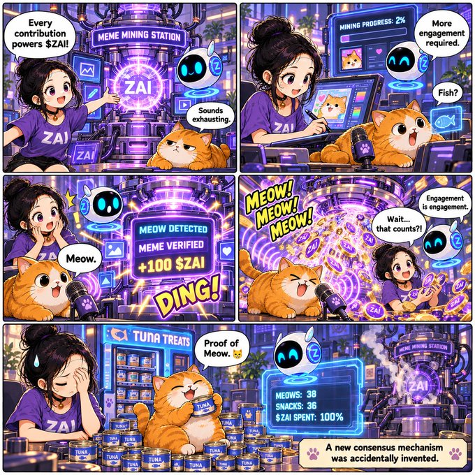 A six-panel comic shows a woman and her orange cat at a "MEME MINING STATION" generating $ZAI tokens, starting with "Mining Progress: 2% / More engagement required," progressing through "MEOW DETECTED / MEME VERIFIED / +100 $ZAI!" as the cat meows into a microphone, and ending with a "TUNA TREATS" store showing "MEOWS: 39, SNACKS: 36, $ZAI SPENT: 100%" — capturing how the playful "Meow~" post ties into the absurd crypto meme where feline meows and tuna snacks accidentally form a new consensus mechanism.
