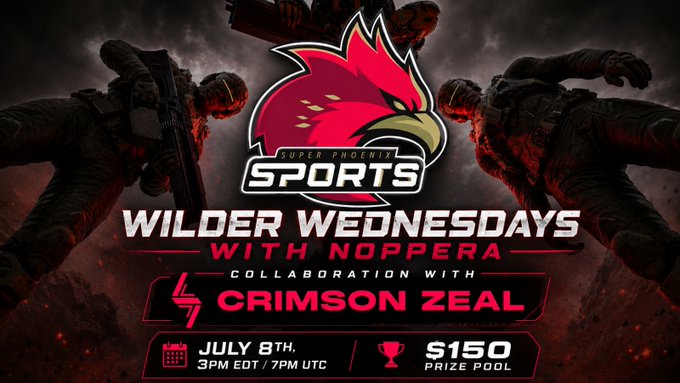 A promotional graphic for 'Super Phoenix Sports - Wilder Wednesdays with Noppera' collaboration with Crimson Zeal, dated July 8th at 3PM EDT/7PM UTC with a $150 prize pool, featuring a red phoenix logo.