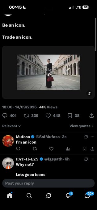 The image shows a social media post titled "Be an icon. Trade an icon." featuring a person in a suit holding a red bag in an ornate plaza, with 41K views, 401 comments, and a top comment from "Mufasa" (@SolMufasa) saying "I'm an icon."